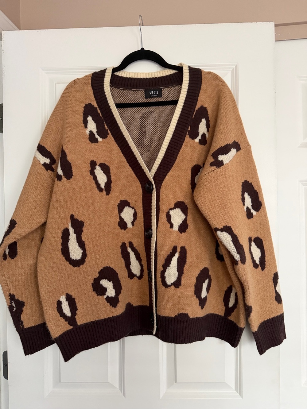 VICI Tan Leopard-Print Button Front Cardigan